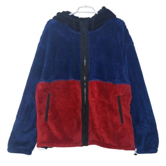 Originally used blue and red fleece jacket with hood and zipper closure. Size L - Picture 6 of 8